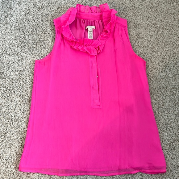 J. Crew Tops - 🌟J. Crew Hot Pink Crepe Ruffle Neck Blouse, 0.🌟